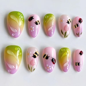 Handcrafted Spring Garden Nail Art, Colorful Nails, 3D Bee & Ladybug Design with Flowers and Pastel Ombre for a Cute Nature-Inspired Look.