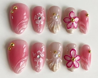 ブループルメリア 3D プレスオンネイル – 貝殻スパークル | CHICNAILS