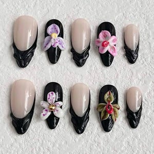 Unique Black Press On Nails, Fall-Inspired Nail Art with French Tips and 3D Orchids, Handmade Fall Nail Art, Black Fake Nails, Flower Nails