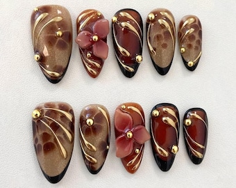 Elegant Brown Gold Press On Nails, 3D Flower & Metallic Swirl Nail Art, Handmade Fall Nails Set, Luxury Autumn Nails, Custom Gift for Her