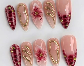 Juego de uñas largas almendradas color ámbar, uñas postizas carey, uñas de flores pintadas a mano, uñas francesas, uñas de verano, uñas de otoño, regalo