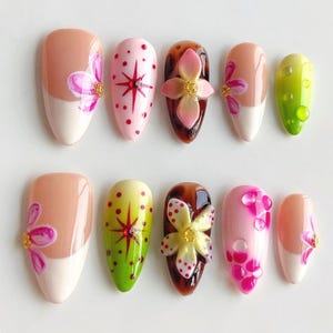 Colorful Press On Nails with 3D Flowers & Dots, Spring Floral Nail Art Set, Handmade Reusable Nails, Summer Almond Nails, Holiday/Party Nail