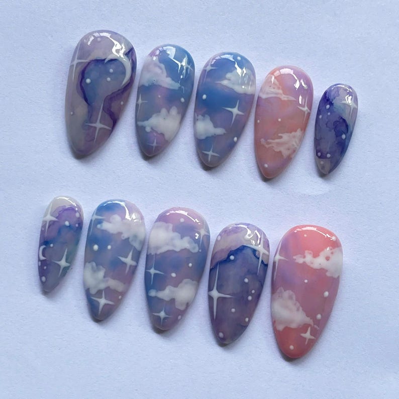 Cloud press on nails, Galaxy false nails, Pastel sky nails, Handmade nail art, Starry night nails, Moon press on set, Dreamy nail design, Cosmic nail art set, Cute pastel nails, Reusable false nails, Fantasy nail tips, Gift for her nails, Celestial press on