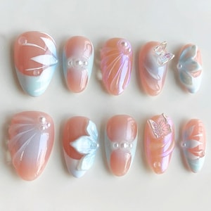 3D Orchids Press On Nails, 3D Flowers, Patel Nail Set, Short Nails Perfect for a Glamorous Summer Look, Birthday, Holiday Nails, Daily Nail