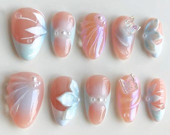 3D Orchids Press On Nails, 3D Flowers, Patel Nail Set, Short Nails Perfect for a Glamorous Summer Look, Birthday, Holiday Nails, Daily Nail