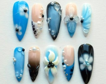 Handmade Blue Flower Press On Nails, 3D Floral Art Fake Nails, Elegant Long Stiletto Nails Set for Party Look, Summer Nails, Spring Nails.