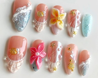 Handmade 3D Orchid Nail Art Set, French Tips Nail, Summer Beach Designs with Shells, Pearls & Bright Colors for a Vibrant Look, Holiday Nail