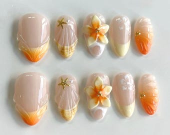 Uñas postizas hechas a mano con diseño de playa tropical, juego de uñas con diseño de flores de plumeria y conchas marinas en 3D, uñas postizas reutilizables de verano, uñas para fiestas o festividades.