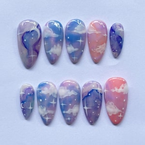 Fantasy Cloud Sky Press On Nails, Pastel Galaxy False Nails with Stars & Moon, Almond Dreamy Nail Art Set, Reusable Nails, Gift for Women.