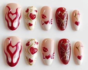 Valentine Almond Nagelset mit Flamme, Herz, Romantische Nägel, Rosa Gefälschte Nagel, Urlaub/Party/Geburtstag Nägel, Handbemalte Press On Nägel, Geschenk
