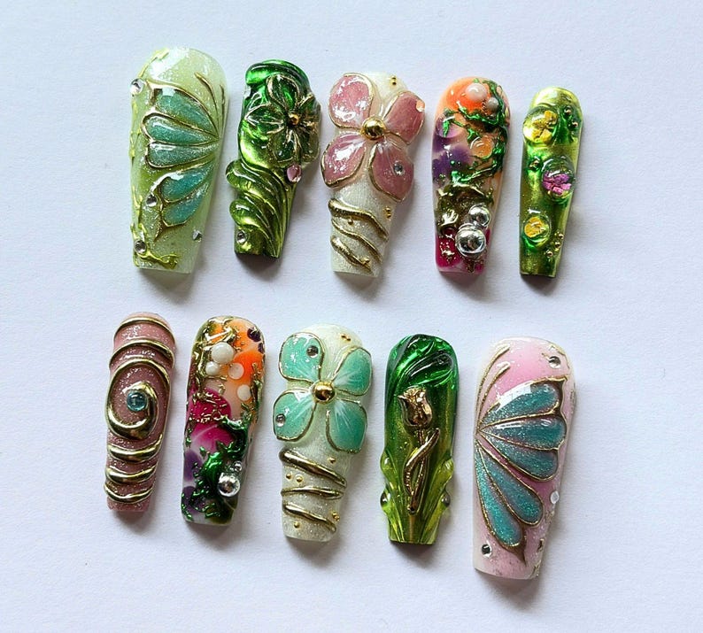 Pink Spring Nails Long Fairy Garden Press on Nails Long Coffin, Handmade Gel Butterfly Flower ...