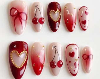 Valentine Almond Nail Set with Cherry, Heart, Gems, Romantic Nails, Holiday/Party/Birthday Nails, Handcrafted Press On Nails, Red Nail, Gift