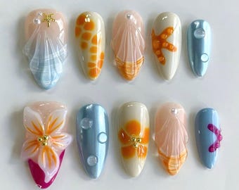 Handmade Summer Beach Nails, 3D Shell Starfish Ocean Press On Nails, Tropical Flower Nail Art, Cute Vacation False Nails, Holiday Nails.