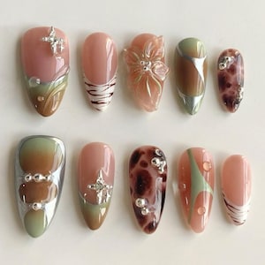 Earth Tone Abstract Press On Nails, Almond Nails with 3D Flower, Leopard Print, Charms, Autumn Nail Art, Vintage Nails, Tortoise Shell Nails