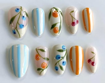 クリスタル シトラス フルーツ プレスオン ネイル、夏の 3D オレンジ