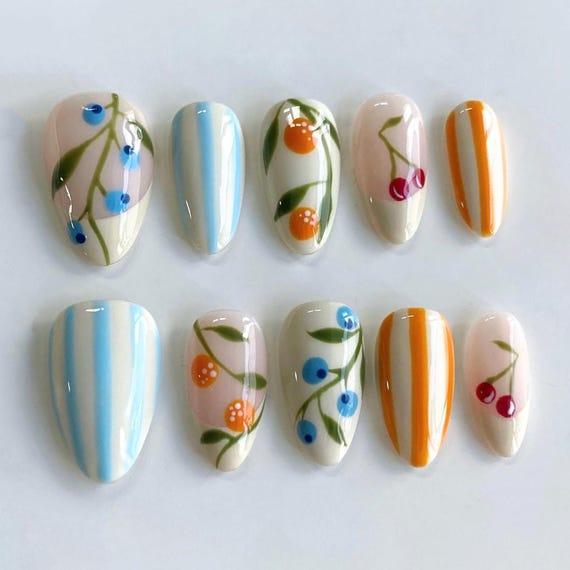 Handmade Press on Nails Colorful Fruit & Stripes Design, Cherry