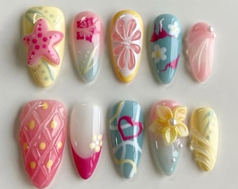 Vibrant Summer Beach Nails with 3D Shell Starfish, Ocean Press On Nails, Tropical Flower Nail Art, Cute Vacation False Nails, Holiday Nails.