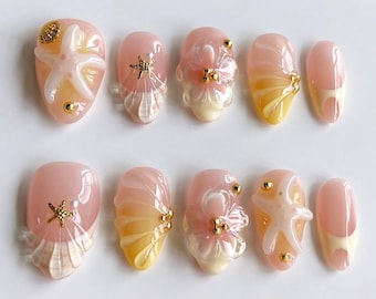 Beach Press On Nails, 3D Starfish & Shell Design, Handmade Summer Ocean Nail Art, Pastel Pink Yellow Nails, Vacation Nail Set, Short Nails.