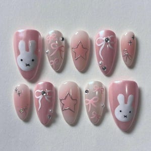 Handmade Almond Nail Set with Miffy, Star, Bow, Freestyle Press On Nails, Cute Nails, Custom Fake Acrylic Nails, Pink Nails, Reusable Nails.