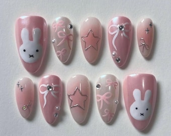 Handmade Almond Nail Set with Miffy, Star, Bow, Freestyle Press On Nails, Cute Nails, Custom Fake Acrylic Nails, Pink Nails, Reusable Nails.