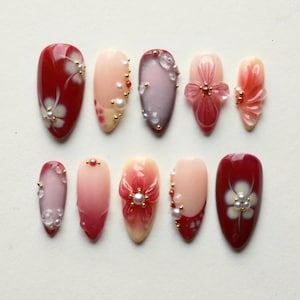 Elegant Almond Nail Set with Soft Ombre Pink & Red, Handmade 3D Flowers Press On Nails, Summer Nails, Spring Nails, Perfect for any occasion