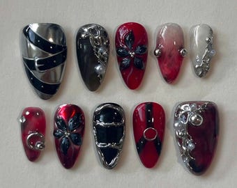 Gothic Rot Schwarz Drücken Sie die Nägel auf, handgefertigte Mandelnägel mit Chromperlenakzentnägeln, 3D-Blumennägeln, wiederverwendbare Nägel, tägliche Nägel.