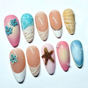 Handgefertigte Beach Press On Nägel mit 3D Blumen, Muschel, Seestern & Ombre Design, Sommer Ocean Nail Art, Lange Mandel Nagelset, Urlaubsnagel