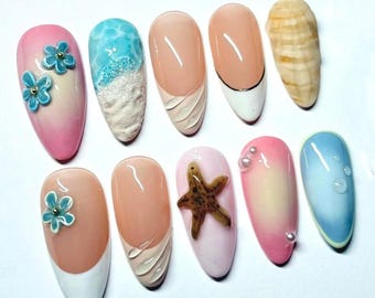 Handmade Beach Press On Nails with 3D Flowers, Seashell, Starfish & Ombre Design,  Summer Ocean Nail Art, Long Almond Nail Set, Holiday Nail