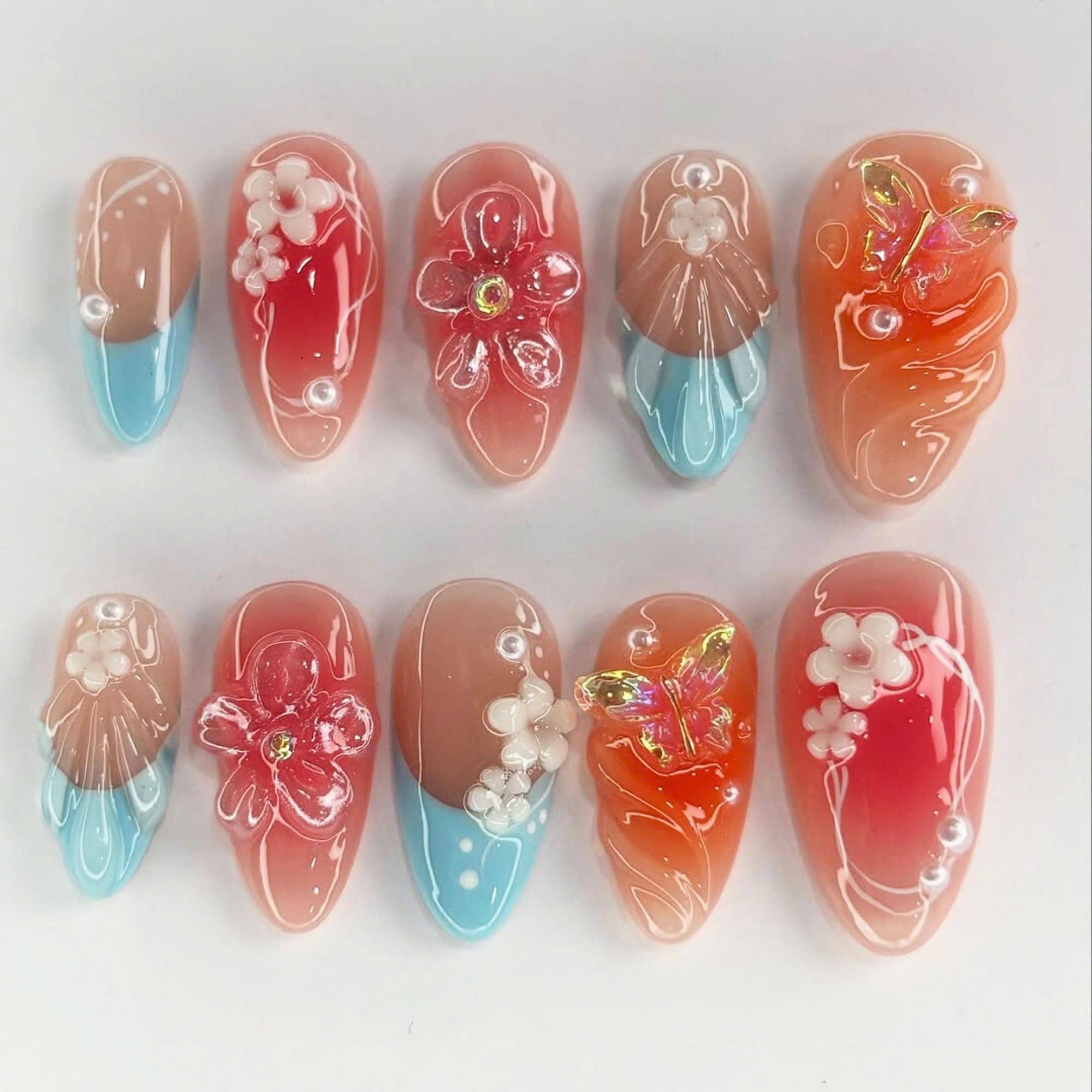 Glitter Orange Press On Nails, Orange & Blue with Unique Chrome Designs, Y2k-Inspired Press On Nails, Flower Nail, Spring Nail, Gift For Her