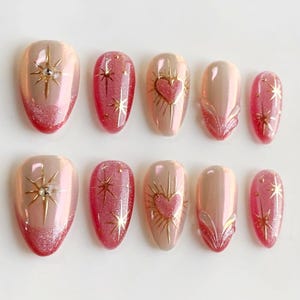 Pink Chrome Press On Nails with Gold Heart & Star Designs, Handmade Sparkly Valentine’s Day Nails, Heart Nail, Elegant Glazed Nail Set, Gift