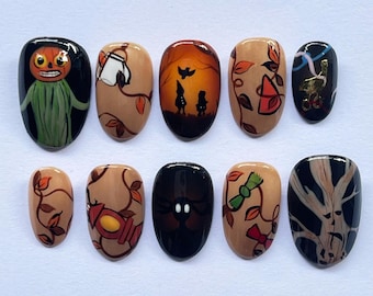 Unique Halloween Press On Nails, Canival Nails, Hand Painted Autumn Halloween Nail Art, Pumpkin, Lantern, Candy Design for Cosplay Gifts