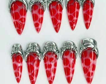 Gothic Claw Press On Nails, Red Chrome Monster Nail Set, 3D Silver Grip Nails, Dark Fantasy Nails, Unique Handmade Nails for Fans