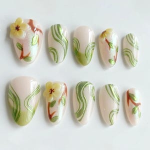 Handmade Floral Press On Nails, 3D Yellow Flowers & Green Vines Design, Nature-Inspired Spring Garden Nail Art, Reusable Short Oval Nail Set