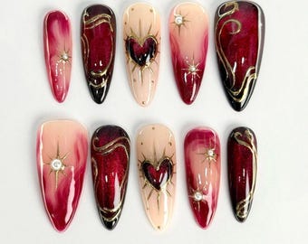 Dark Romantic Heart Press On Nails, Deep Red Gold Accents Valentine Luxury Handmade Set