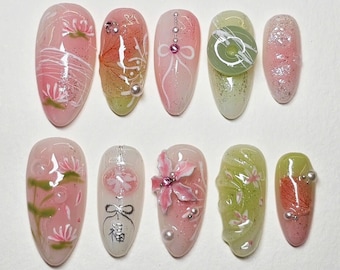 Uñas postizas con temática china, juego de uñas almendra vibrante, uñas de jade, uñas de flores, uñas postizas 3D, uñas postizas hechas a mano, uñas postizas primaverales