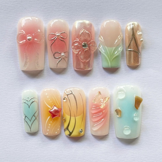 Pastel Soft Aesthetic Press On Nails with Bows Flowers Butterflies Elegant Design Set