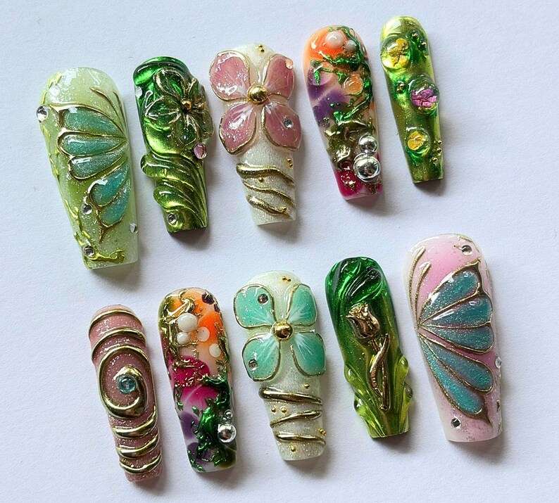 Pink Spring Nails Long Fairy Garden Press on Nails Long Coffin, Handmade Gel Butterfly Flower ...