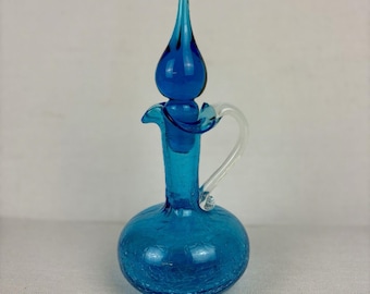 Decantador/botella de genio vintage MCM Kanawha 10 de cristal azul celeste craquelado con tapón