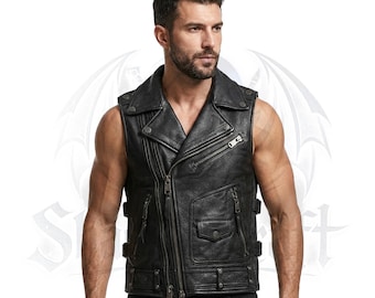 Herren Rindsleder Biker Weste - Rock Style Weste
