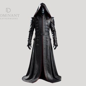 Handmade Black Leather Trench Coat for Men | Gothic Hooded Costume | Genuine Leather Long Jacket | Halloween Gift for Him