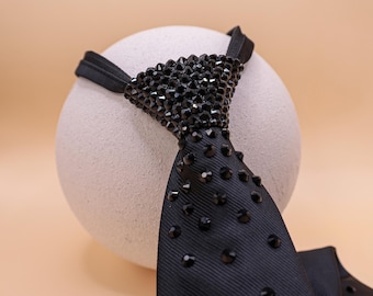 Black Ballroom Tie With Rhinestone Adjustable Neck Tie With Zipper Necktie For Ballroom Dancer Gift Tie For Dance Teacher