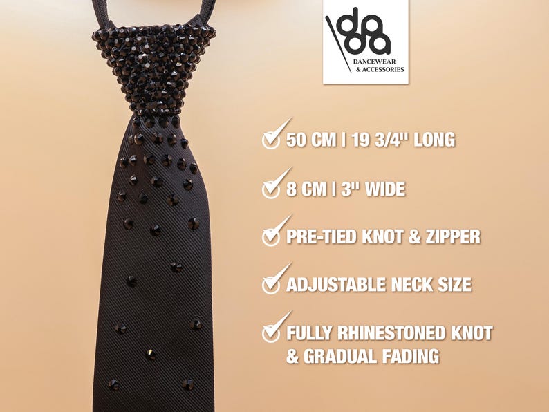May include: A black necktie featuring a fully rhinestoned knot and a gradual fading pattern of black crystals down the fabric. The tie includes a pre-tied knot, a zipper mechanism, and an adjustable neck size. It measures 19 3/4 inches long and 3 inches wide.