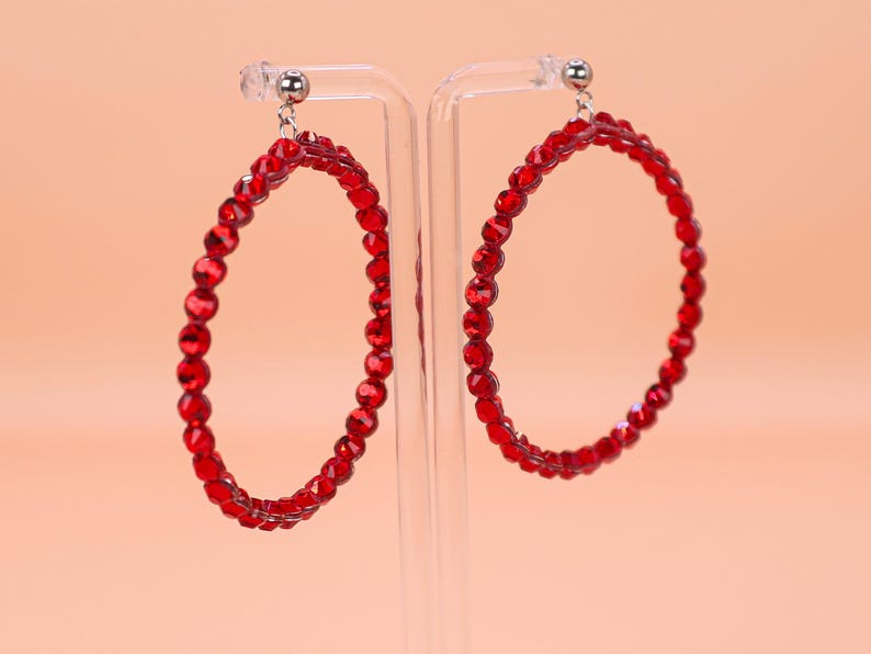 Elegant Crystal Dance Hoop Earrings With Rhinestones Latin Ballroom Dance Jewelry for Competitions & Stage 10. Siam (Red)