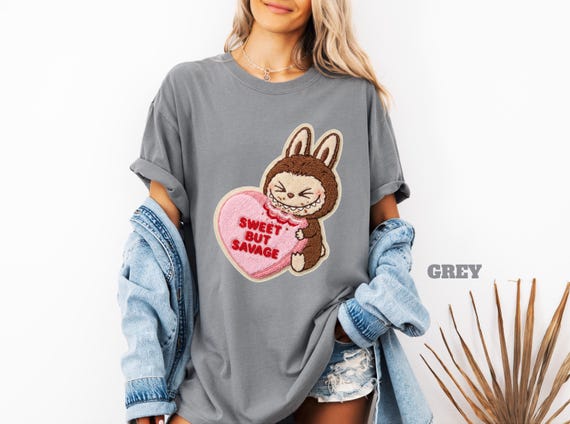 Sweet But Savage Labubu Shirt, Faux Chenille Heart Tee, Funny Pop Mart Valentine Gift