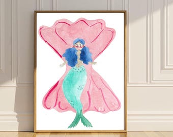 May include: A watercolor painting of a mermaid with blue hair and a green tail, sitting inside a pink seashell.