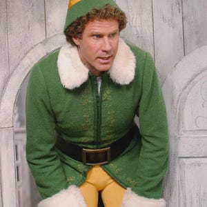 Handgjord Buddy Will Ferrell jultomtejacka i ull med broderi och pälskrage
