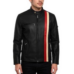 May include: Black leather jacket with a vertical stripe in red, cream, and white. The jacket has a stand-up collar, a zippered front, and a small pocket on the chest. The jacket is a classic style.