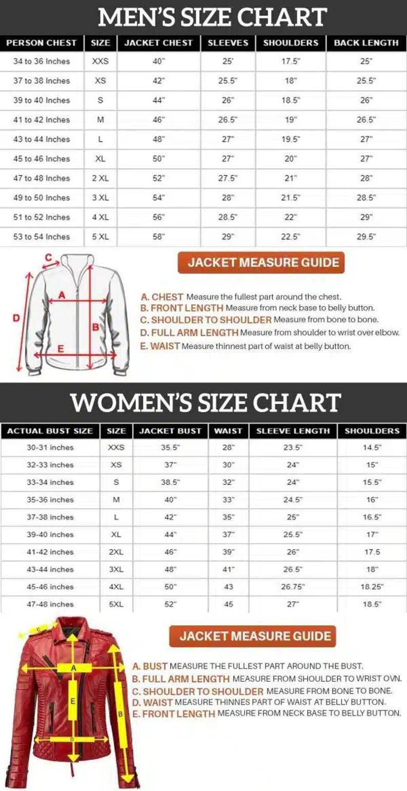 May include: Size charts for men's and women's jackets, with measurements in inches. Includes chest, sleeve, shoulder, and back length measurements for men. Women's chart includes bust, waist, sleeve length, and shoulder measurements.