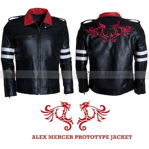 Puede incluir: Chaqueta de cuero negra con rayas rojas y blancas en las mangas y un cuello rojo. La parte posterior de la chaqueta presenta un diseño bordado rojo de dos dragones. El texto "ALEX MERCER PROTOTYPE JACKET" está impreso debajo de los dragones.