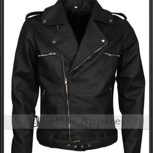 May include: A black leather jacket with a classic biker style. Features include an asymmetrical zipper closure, multiple zippered pockets, and a belted waist. The jacket has a notched lapel collar and silver hardware.